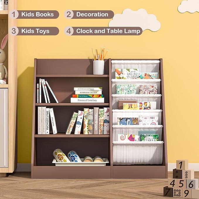 Kids Bookshelf Toy Storage Organizer 4-Tier Wood Book Rack Toddler Bookcase - Image 5
