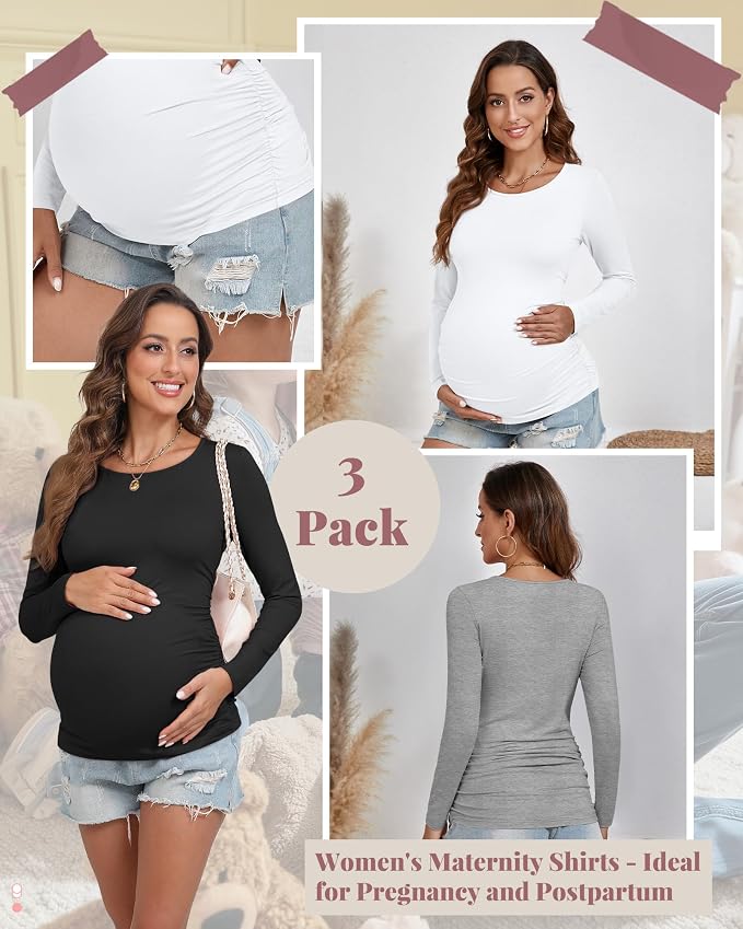Ficerd 3 Pack Women's Maternity Shirts, Long Sleeve Side Ruched Pregnancy Tee - Image 3