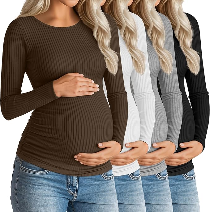 Huukeay 4 Pack Women's Maternity Shirts, Long Sleeve Cotton Ribbed Pregnancy by Huukeay