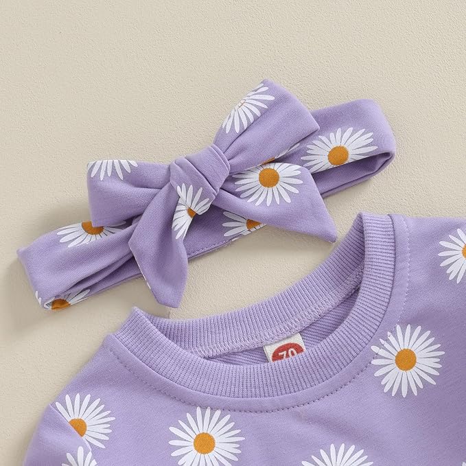 3Pcs Baby Girl Outfits Daisy Sweatshirt + Pants + Headband Infant Fall Winter - Image 2