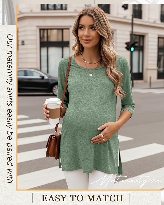 3 Pack Women's 3/4 Sleeve Maternity Shirts Elbow Length Clothes Round Neck - Image 2