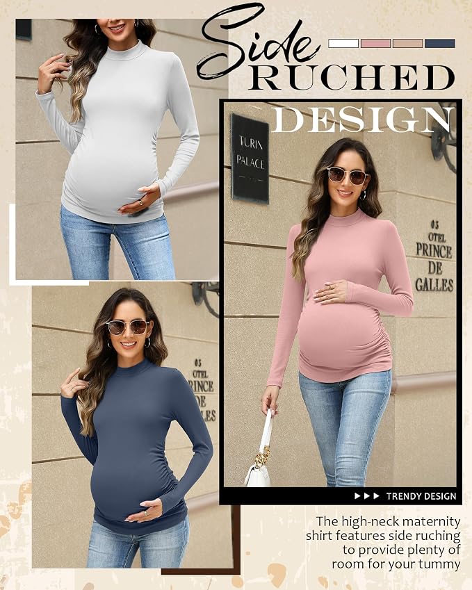 4 Packs Womens Maternity Shirts Long Sleeve Cotton Ribbed Pregnancy Mock Neck - Image 5