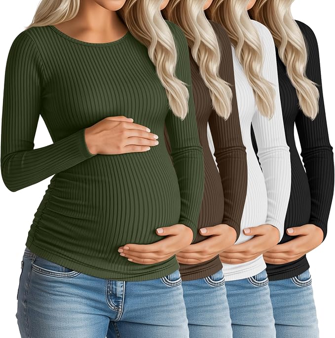 Huukeay 4 Pack Women's Maternity Shirts, Long Sleeve Cotton Ribbed Pregnancy by Huukeay