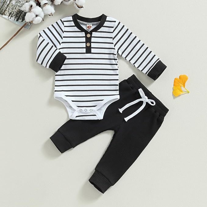 Newborn Baby Boy Girl Clothes Ribbed Knitted Long Sleeve Romper Pants Solid - Image 2