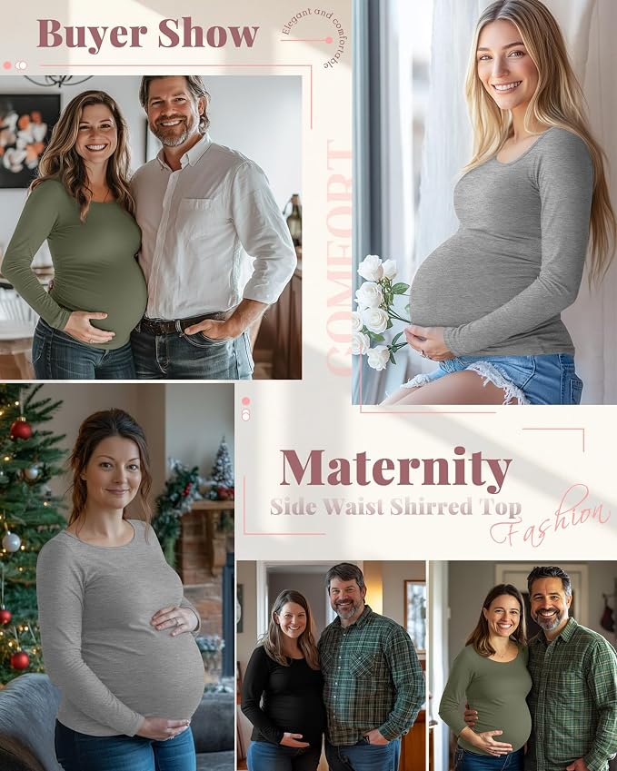 Ficerd 3 Pack Women's Maternity Shirts, Long Sleeve Side Ruched Pregnancy Tee - Image 2