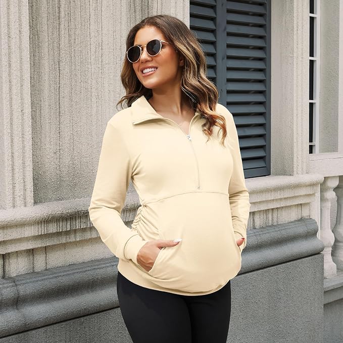 GINKANA Maternity Women's Long Sleeve Shirt Half Zipper Lapel Lightweight - Image 3