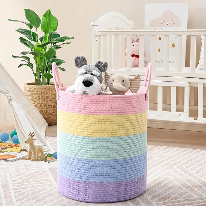 52L Rainbow Storage Basket for Organizing, Cotton Rope Woven Blanket Basket - Image 2