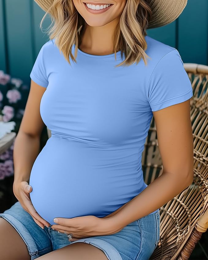 Huukeay 4 Pack Women's Maternity Shirts, Crew Neck Maternity Top Short Sleeve - Image 5