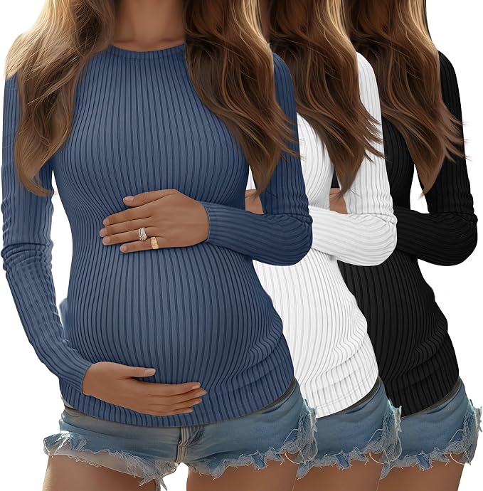 Riyiper 3 Pack Women's Maternity Shirts Long Sleeve Ribbed Knit Pregnancy Tees by Riyiper
