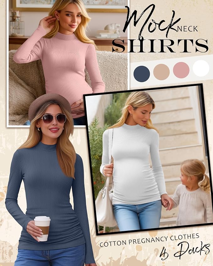4 Packs Womens Maternity Shirts Long Sleeve Cotton Ribbed Pregnancy Mock Neck - Image 3