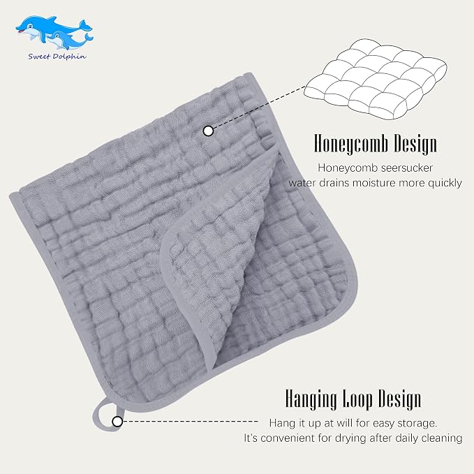 SWEET DOLPHIN 12 Pack Muslin Burp Cloths Large 100% Cotton Burping Clothes - Image 7