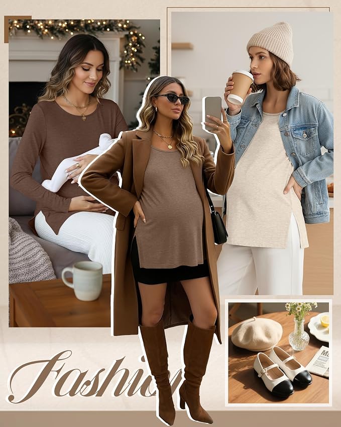 Riyiper 3 Pack Women's Maternity Long Sleeve T-Shirts Round Neck Side Split - Image 2