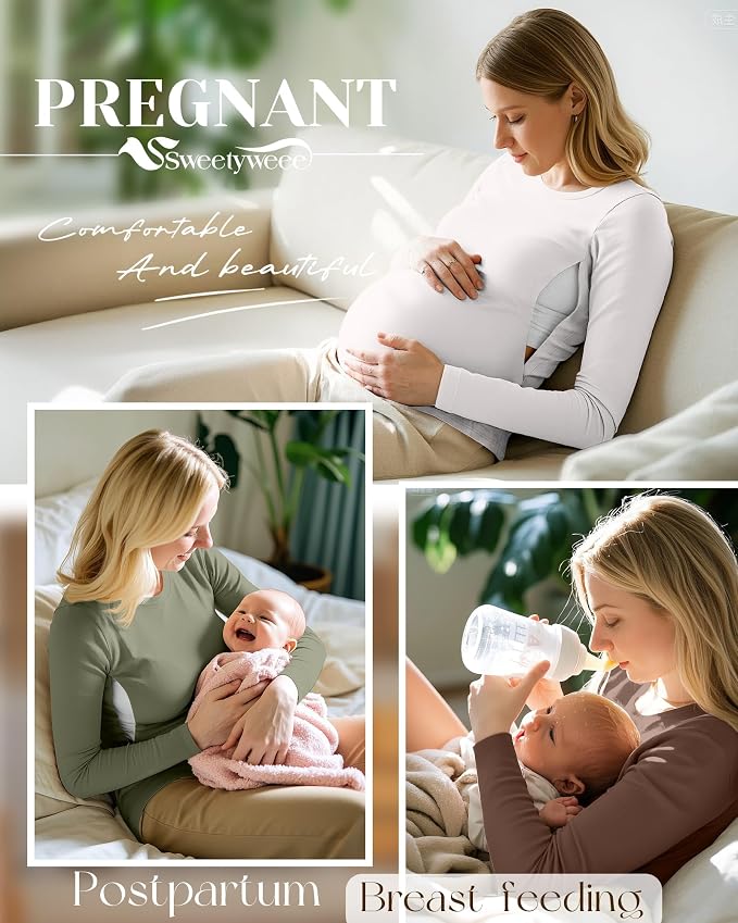 4 Pack Women's Nursing Breastfeeding Tops, Long Sleeve Maternity Shirts Loose - Image 2