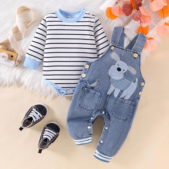 Baby Boy Clothes Fall Winter Outfits Long Sleeve Striped Romper Cute Cartoon - Image 2
