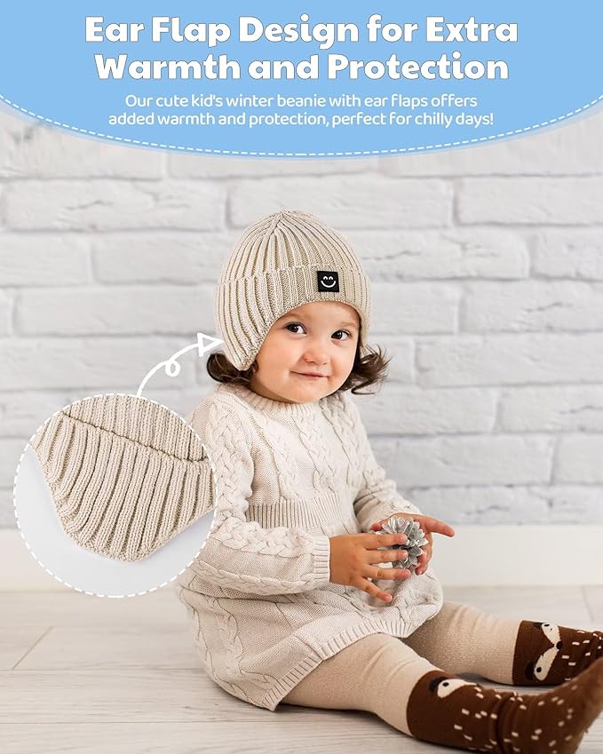 3 Pack Baby Beanie Hats with Earflaps, 2 Size Baby Winter Hat - Image 4