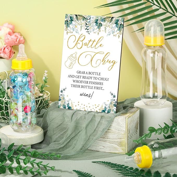 TrelaCo Greenery Cool Baby Shower Games Bottle Chug Sign Wooden Neutral - Image 6