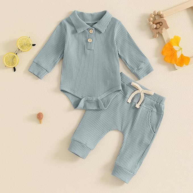 Newborn Baby Boy Girl Clothes Ribbed Knitted Long Sleeve Romper Pants Solid - Image 2