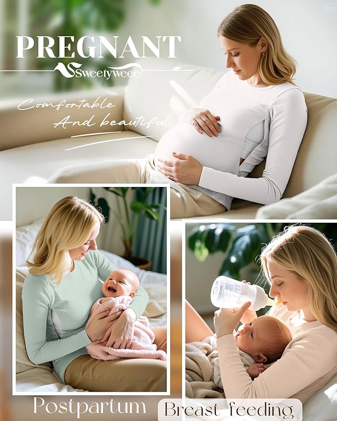 4 Pack Women's Nursing Breastfeeding Tops, Long Sleeve Maternity Shirts Loose - Image 2