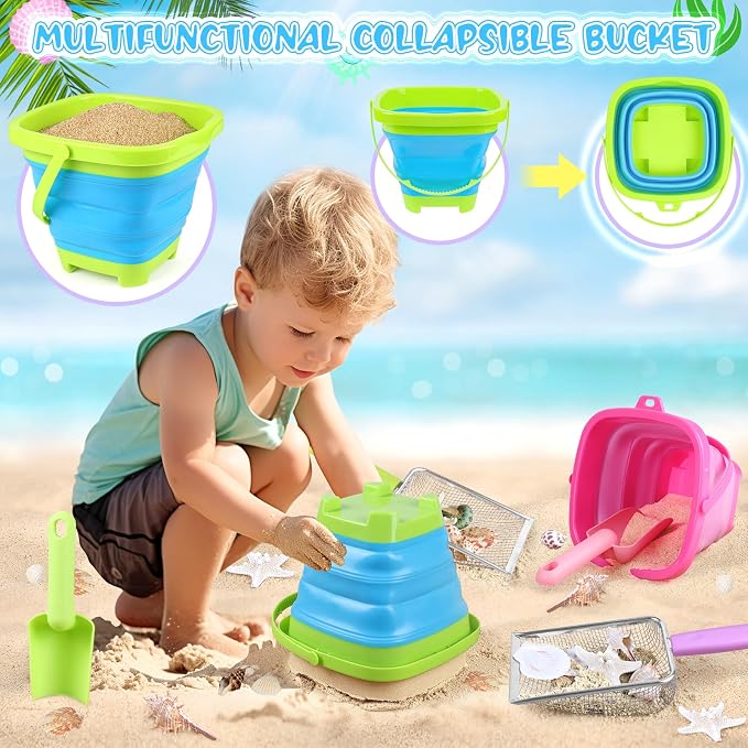 Beach Toys, Sand Toys with 2 Collapsible Beach Bucket and Beach Mesh Shovel - Image 2