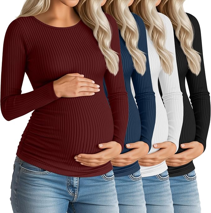 Huukeay 4 Pack Women's Maternity Shirts, Long Sleeve Cotton Ribbed Pregnancy by Huukeay