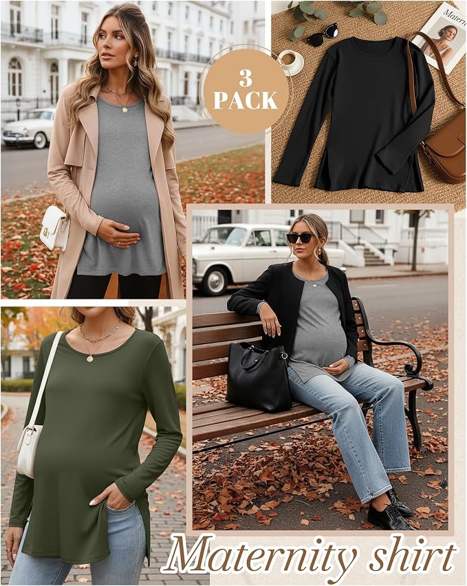 Riyiper 3 Pack Women's Maternity Long Sleeve T-Shirts Round Neck Side Split - Image 4