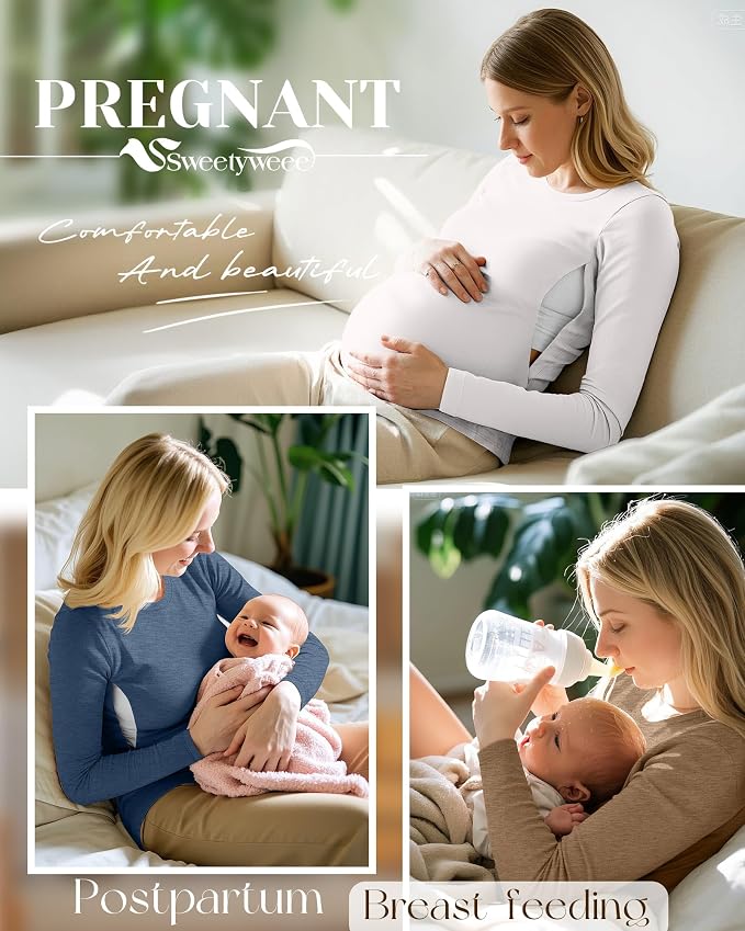 4 Pack Women's Nursing Breastfeeding Tops, Long Sleeve Maternity Shirts Loose - Image 2