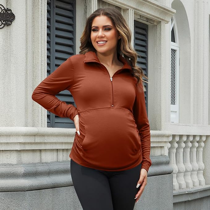GINKANA Maternity Women's Long Sleeve Shirt Half Zipper Lapel Lightweight - Image 4