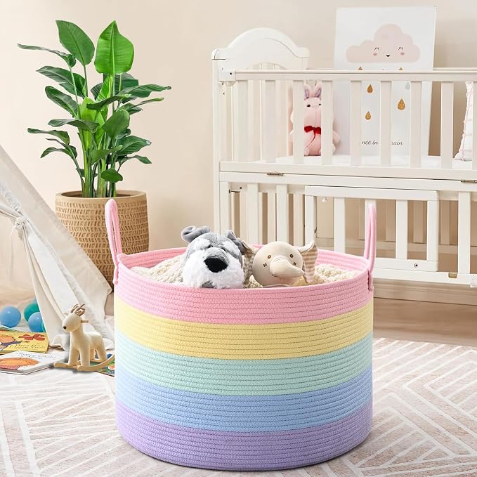 67L Rainbow Storage Basket for Organizing, Cotton Rope Woven Blanket Basket - Image 2