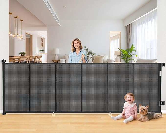 120 Inch Retractable Baby Gates Extra Wide, 41 Inch Reinforced Extra Tall Gate by EZIGO