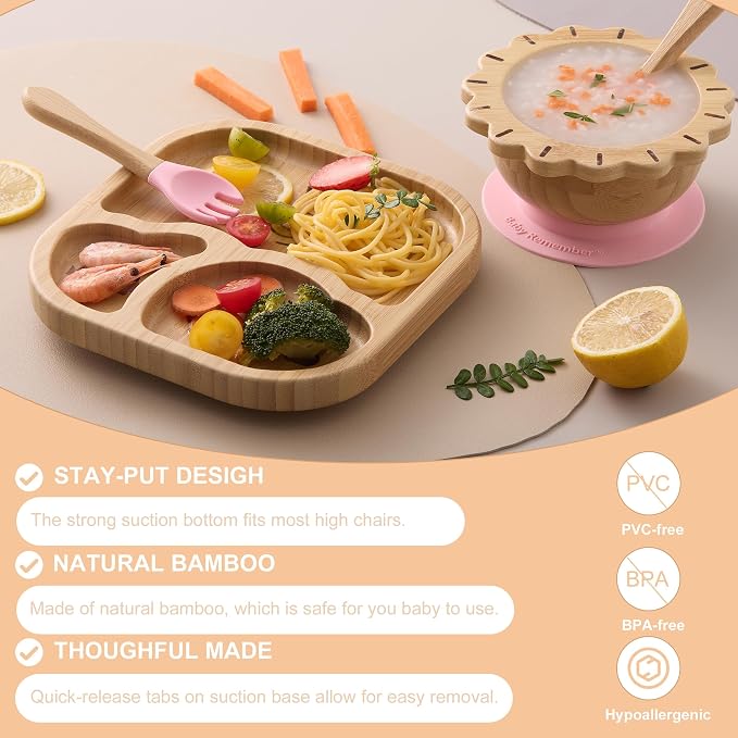 Suction Plates Bowls Set for Baby Toddler Non-Toxic Bamboo Feeding Set - Image 6