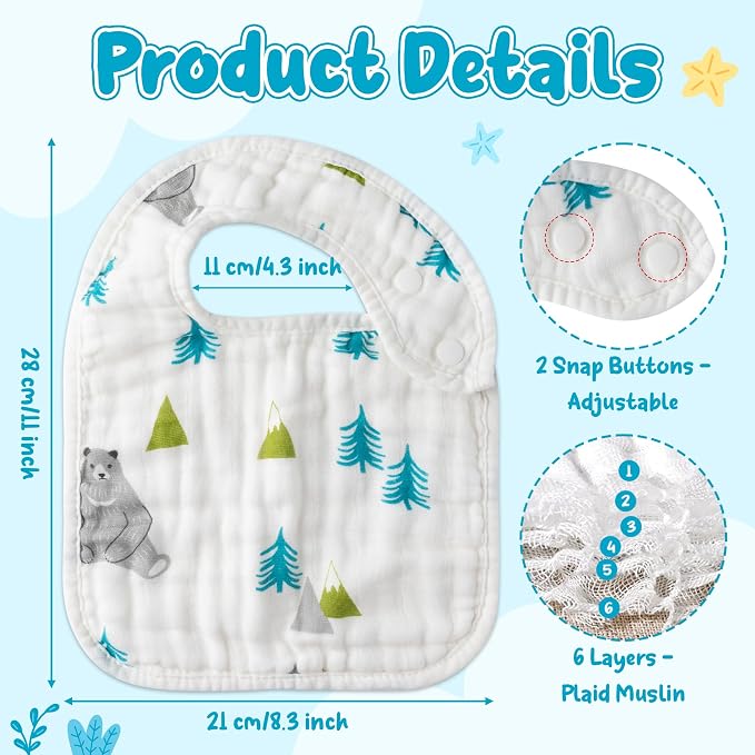 Zainpe 6Pcs Snap Muslin Cotton Baby Bibs Bear Fox Infants Drooling Bib Soft - Image 2
