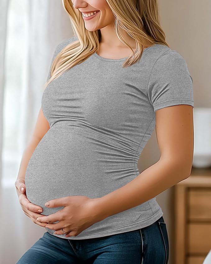 Huukeay 4 Pack Women's Maternity Shirts, Crew Neck Maternity Top Short Sleeve - Image 3