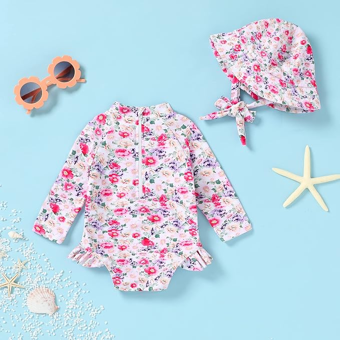 Infant Baby Girl Swimsuit One-Piece Long Sleeve Rash Guard - Image 3