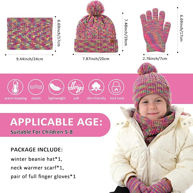Kids Toddlers Winter Beanie Hats Gloves Neck Scarf Set Mittens Gifts - Image 6