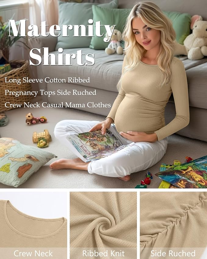 Huukeay 4 Pack Women's Maternity Shirts, Long Sleeve Cotton Ribbed Pregnancy - Image 5