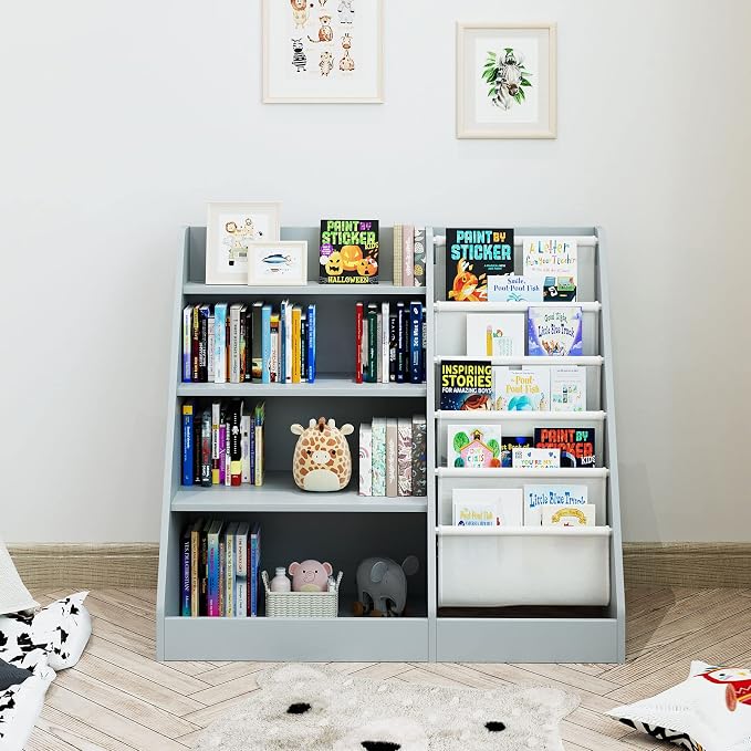 Gray 4 Tier Kids Wooden Bookshelf, Five Layer Sling Toddler Front Facing - Image 7