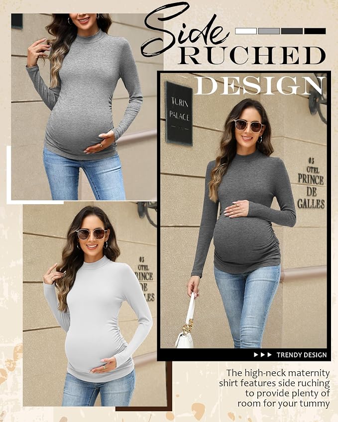 4 Packs Womens Maternity Shirts Long Sleeve Cotton Ribbed Pregnancy Mock Neck - Image 5