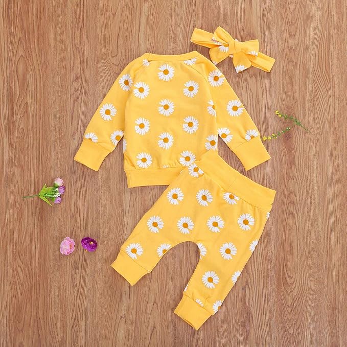 3Pcs Baby Girl Outfits Daisy Sweatshirt + Pants + Headband Infant Fall Winter - Image 6