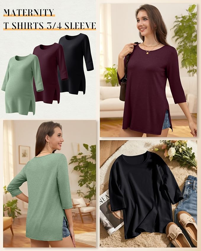 3 Pack Women's 3/4 Sleeve Maternity Shirts Elbow Length Clothes Round Neck - Image 3