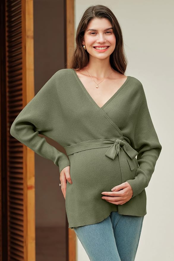 OUGES Womens Soft Cotton Blend Maternity Sweater Wrap V Neck Long Sleeve V Back - Image 5