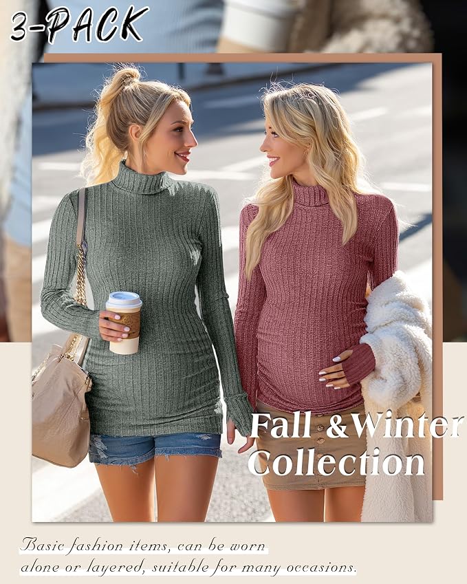 3 Pack Maternity T-Shirts Pregnancy Tops Women Sweater Long Sleeve Turtleneck - Image 5