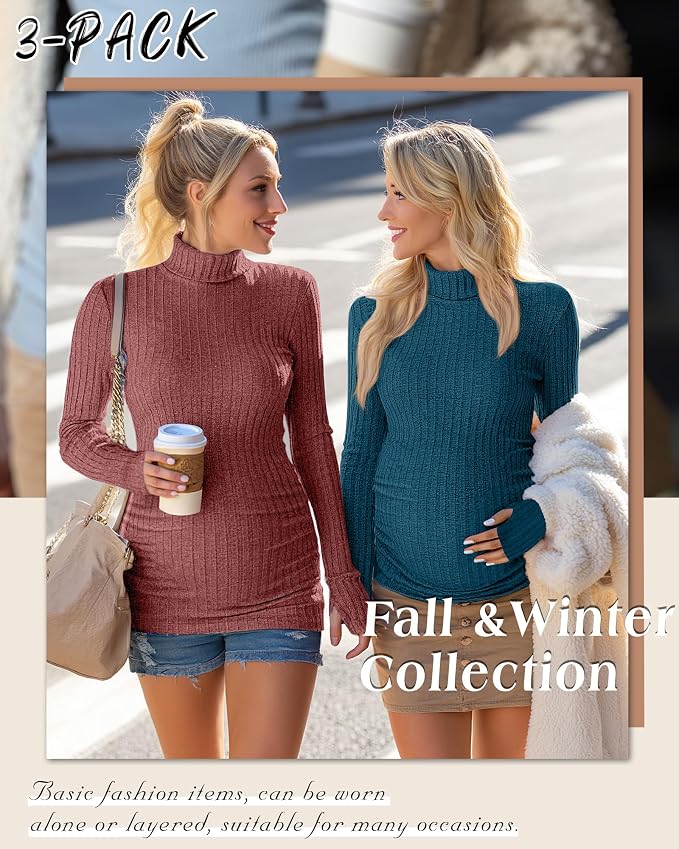 3 Pack Maternity T-Shirts Pregnancy Tops Women Sweater Long Sleeve Turtleneck - Image 5