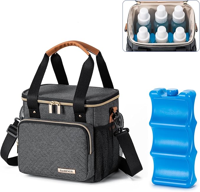 Breastmilk Cooler Bag with Ice Pack Fits 6 Baby Bottles up to 9 Ounce, Breast by BABEYER