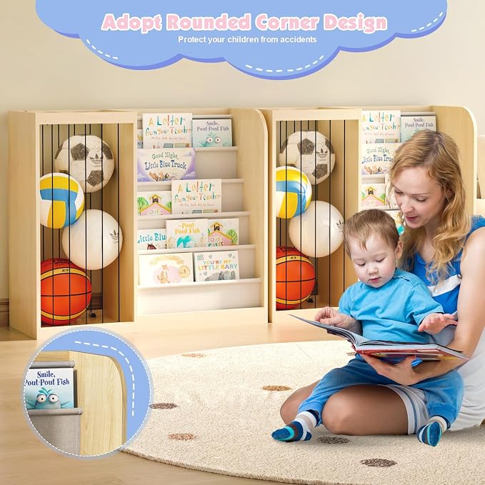 Natural Wood Kids Bookshelf & Stuffed Animal Net Holder Plush Toy Storage - Image 8