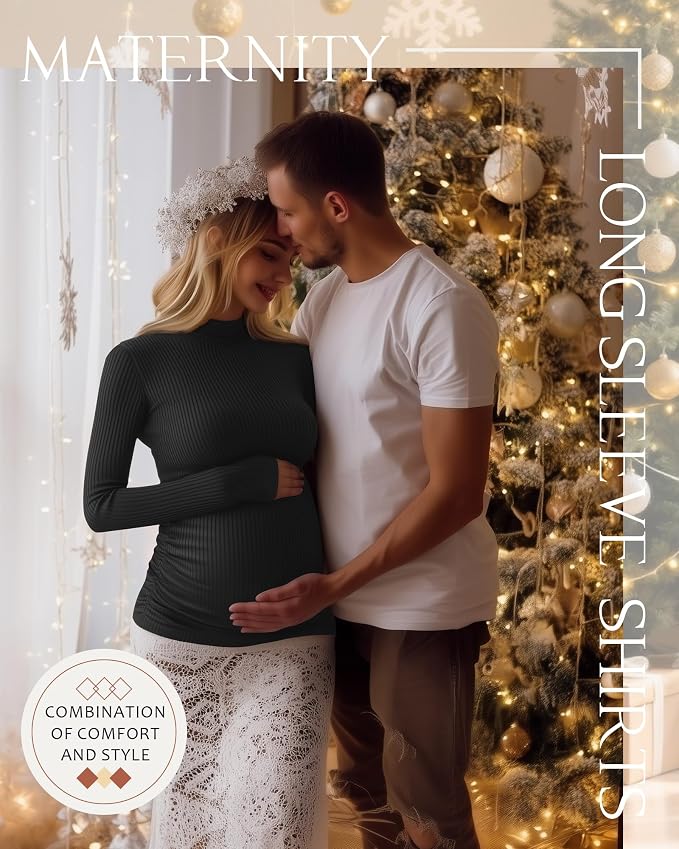 4 Packs Womens Maternity Shirts Long Sleeve Cotton Ribbed Pregnancy Mock Neck - Image 4