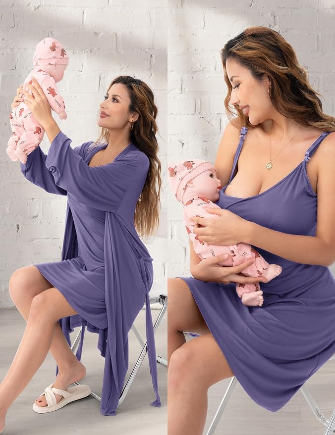 SUNNYBUY Women's Nursing Nightgown Maternity Robe Set, 3 in 1 Labor Delivery - Image 2