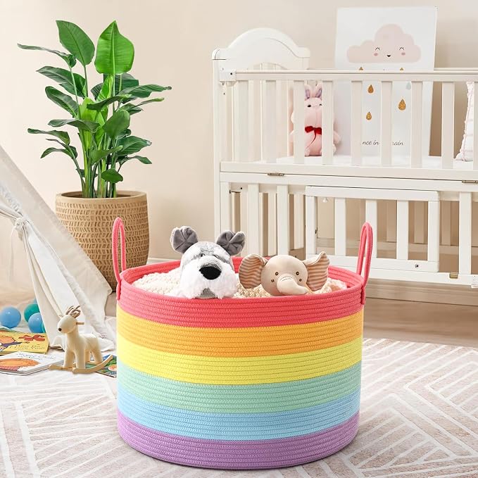 67L Rainbow Storage Basket for Organizing, Cotton Rope Woven Blanket Basket - Image 2