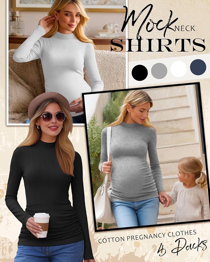 4 Packs Womens Maternity Shirts Long Sleeve Cotton Ribbed Pregnancy Mock Neck - Image 3