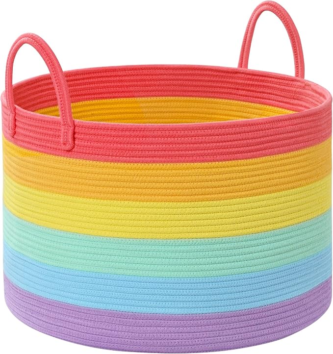 67L Rainbow Storage Basket for Organizing, Cotton Rope Woven Blanket Basket - Image 9