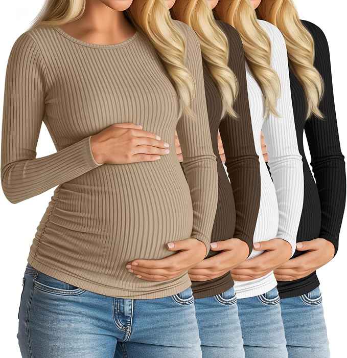 Huukeay 4 Pack Women's Maternity Shirts, Long Sleeve Cotton Ribbed Pregnancy by Huukeay